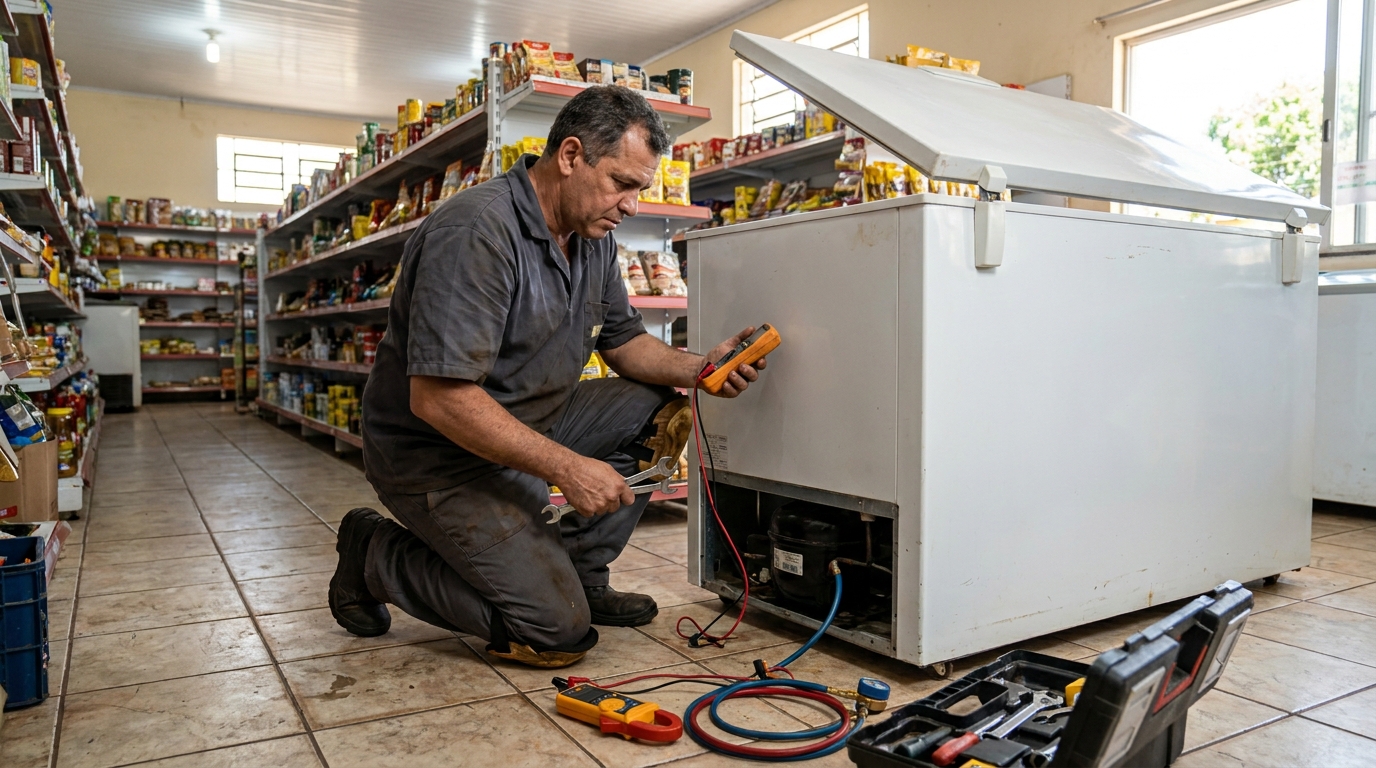 Troca de termostato de freezer em atendimento técnico em Goiânia‑GO